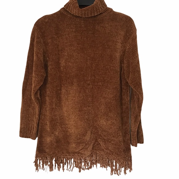 Jazzie Sweaters - Brown cowl neck fringe large sweater